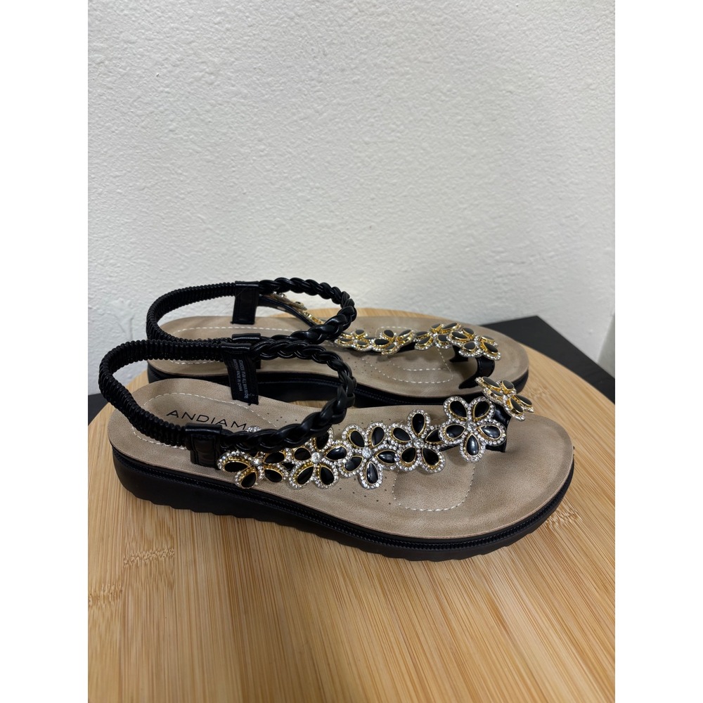 Andiamo Sandals 6.5M Tandem Black Jeweled Flower Braided Slingback - Picture 3 of 8